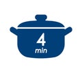 4 min cooking time blue label, cooking pot symbol with four minute mark, boiling time vector illustration