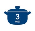 3 min cooking time blue label, cooking pot symbol with three minute mark, boiling time vector illustration