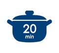 20 min cooking time blue label, cooking pot symbol with twenty minute mark, boiling time vector illustration