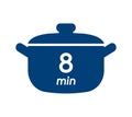 8 min cooking time blue label, cooking pot symbol with eight minute mark, boiling time vector illustration