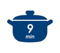 9 min cooking time blue label, cooking pot symbol with nine minute mark, boiling time vector illustration