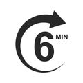 6 min countdawn sign. Six minutes icon with round arrow. Stopwatch symbol. Sport or cooking timer isolated on white