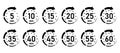 10, 15, 20, 25, 30, 35, 40, 45, 50 min,Timer, clock, stopwatch isolated set icon