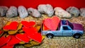 Minahasa, Indonesia : December 2022, the toy cars transporting hearts Royalty Free Stock Photo