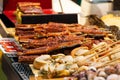 Minami Namba and Shinsaibashi area . Eel and shell and octopus on seafood store at osaka , Japan