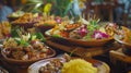 Minang Rijsttafel. Assorted of traditional Minang dishes served in upscale style generative ai