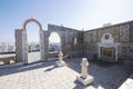 Old town medina seen from roof top. Ornamental arches and wall covered tiles with geometric shape motifs of the city of Tunis, T