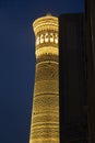 Minaret Kalyan at night. Night view of Kalyan minaret of Bukhara. One of the greatest buildings in the East. Great minaret or