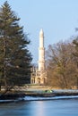 Minaret at Lednice castle, Czech Republic UNESCO historical place, the lake in foreground Royalty Free Stock Photo