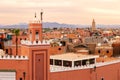 Minaret tower on the historical walled city (medina) in Marrakech. Morocco Royalty Free Stock Photo