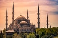 Minarets and domes of Blue Mosque with Bosporus and Marmara sea in background, Istanbul, Turkey. Royalty Free Stock Photo