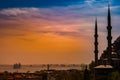 Minarets and domes of Blue Mosque with Bosporus and Marmara sea in background, Istanbul, Turkey. Royalty Free Stock Photo