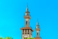 Minarets of the mosque against the sky, Buenos Aires, Argentina. Copy space for text. on blue background