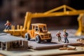Minature model figurine of engineer foreman and workers working at construction site, construction industry and real estate