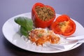 mince filled paprika with basil leaf and rice