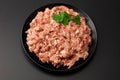 Mince. Ground meat with spices on black background. Top view