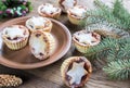 Mince pies with Christmas tree branch Royalty Free Stock Photo