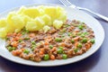 Mince and tatties with a fork on a plate. Traditional Scottish food.