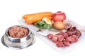 Minced barf raw food recipe ingredients for dogs consisting meat, organs, fish, eggs and vegetable