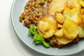 Minced beef hotpot, tender british beef in a warming gravy with carrots and peas, all topped with sliced roast potatoes Royalty Free Stock Photo