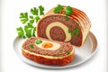 Minced beef roll with sliced baked meatloaf, on white background