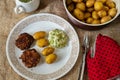 Minced meat balls, potato and avocado dip on rustic table Royalty Free Stock Photo