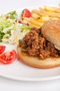 Minced meat burger with fries and salad Royalty Free Stock Photo