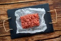 Minced meat on cooking paper and stone tray