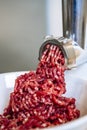 Minced meat and electric meat grinder. Cooking beef minced in the kitchen with an electric grinder Royalty Free Stock Photo