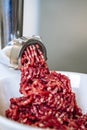 Minced meat and electric meat grinder. Cooking beef minced in the kitchen with an electric grinder Royalty Free Stock Photo