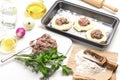 Minced meat, fork and parsley sprigs on plate Royalty Free Stock Photo