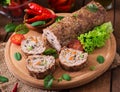 Minced meat loaf roll with mushrooms Royalty Free Stock Photo