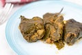 Minced meat rolls in Chard served on the plate. Traditional balkan meal made with chard and minced meat Royalty Free Stock Photo