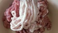 Minced meat is scrolled through a meat grinder. Meat grinder works and twists in the kitchen close-up