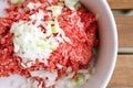 Minced meat in white bowl