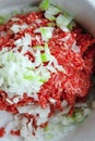 Minced meat in white bowl