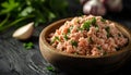 Minced Pork with Garlic and Parsley on Rustic Wooden Plate Royalty Free Stock Photo