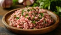 Minced Pork with Garlic and Parsley on Rustic Wooden Plate Royalty Free Stock Photo