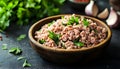 Minced Pork with Garlic and Parsley on Rustic Wooden Plate Royalty Free Stock Photo
