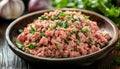 Minced Pork with Garlic and Parsley on Rustic Wooden Plate Royalty Free Stock Photo