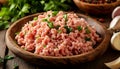 Minced Pork with Garlic and Parsley on Rustic Wooden Plate Royalty Free Stock Photo