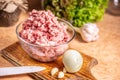 Minced pork in a glass bowl