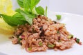 Minced pork larb, Thai food with vegetables medium distance shot