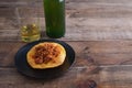 Mincemeat with corn and cider cakes on a wooden base. Copy space