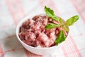 Mincemeat , minced or ground meat raw pork with basil leaf on bowl Ground Pork Royalty Free Stock Photo