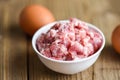 Mincemeat , minced or ground meat / Raw pork on bowl with egg  Ground Pork Royalty Free Stock Photo