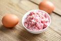 Mincemeat minced or ground meat / Raw pork on bowl with egg  , Ground Pork Royalty Free Stock Photo