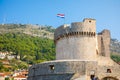 Minceta Tower and Dubrovnik medieval old town city walls at sunset time, Croatia Royalty Free Stock Photo