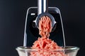 Mincing machine and meat. preparation of minced raw meat. Royalty Free Stock Photo