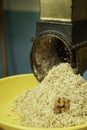 Mincing walnuts with a vintage grinder, manual machine
